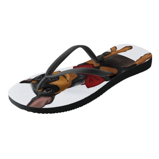 MiniaturPinscher (minimales Button) mit Bogen Badesandalen (Schrägansicht)