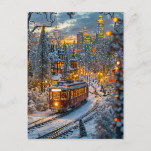Miniaturstraßenbahn in einer schneebedeckten Winte Feiertagspostkarte