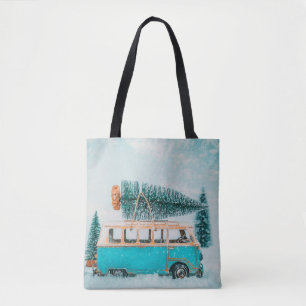 Miniaturwagen mit Weihnachtsbaum auf r Tasche