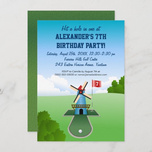 Minigolf-Windmühlen-Party Einladung (Vorne/Hinten)