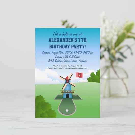 Minigolf-Windmühlen-Party Einladung (Stehend Vorderseite)