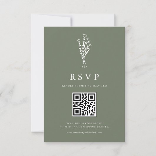 Minimailist Bouquet Taupe Green QR Code Hochzeit RSVP Karte (Vorderseite)