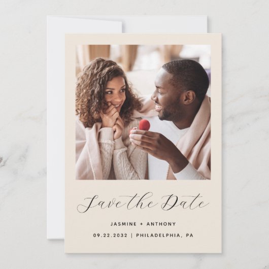 Minimal 1 Foto Script Beige Save The Date (Vorderseite)