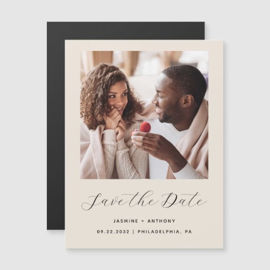 Minimal 1 Foto Script Beige Save the Date Magneteinladung (Vorne/Hinten)