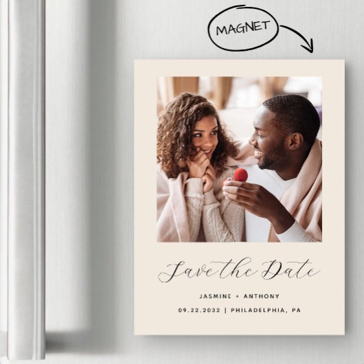 Minimal 1 Foto Script Beige Save the Date Magneteinladung
