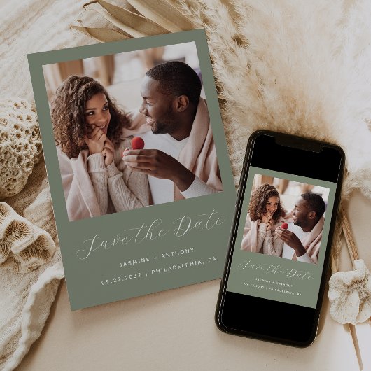 Minimal 1 Foto Script Sage Green Save The Date