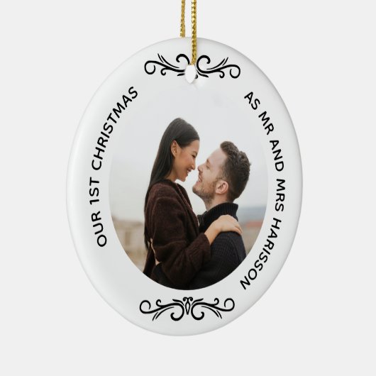 Minimal 1. Weihnachten als Mr. und Mrs. Foto Keramik Ornament (Rechts)