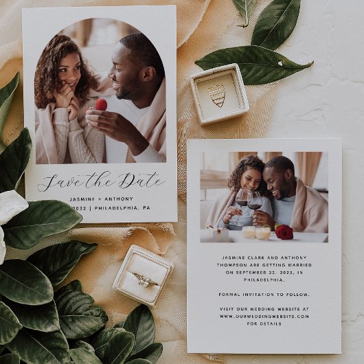 Minimal 2-Foto Boho Arch Black and White Save The Date