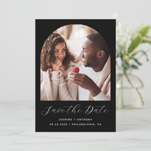 Minimal 2-Foto Boho Arch Black Save The Date (Stehend Vorderseite)