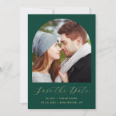 Minimal 2-Foto Boho Arch Emerald Green Gold Save The Date (Vorderseite)