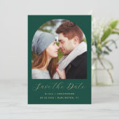 Minimal 2-Foto Boho Arch Emerald Green Gold Save The Date (Stehend Vorderseite)
