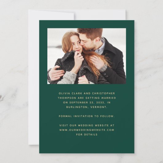 Minimal 2-Foto Boho Arch Emerald Green Gold Save The Date (Rückseite)