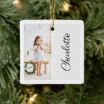 Minimal 2 Foto, kundenspezifischer Name weiß Keramikornament<br><div class="desc">Ein schönes,  einfaches,  minimalistisches und modernes Foto- und individuelle Name-Ornament,  um eine personalisierte Touch zu Ihrem Familienurlaub Baum hinzuzufügen. Das Ornament verfügt über ein vertikales Porträt-Foto-Layout mit schlicht weißem Hintergrund und personalisiert mit dem Namen auf der Vorderseite und auf der Rückseite für die Anzeige von zwei Fotos.</div>