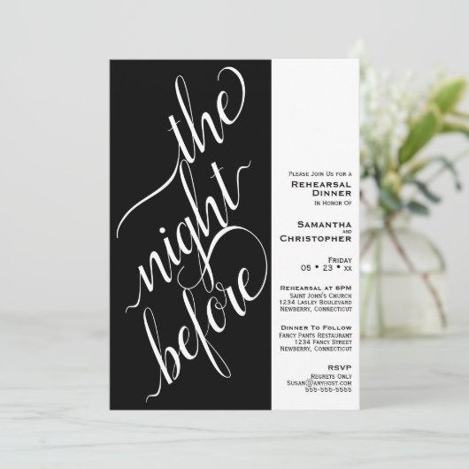 Minimal 2 Pane Hochzeit Probe Abendessen Schwarz Einladung (Stehend Vorderseite)