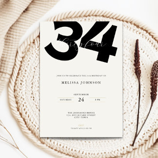 Minimal 34th Birthday Invitation - Bold Typo Einladung