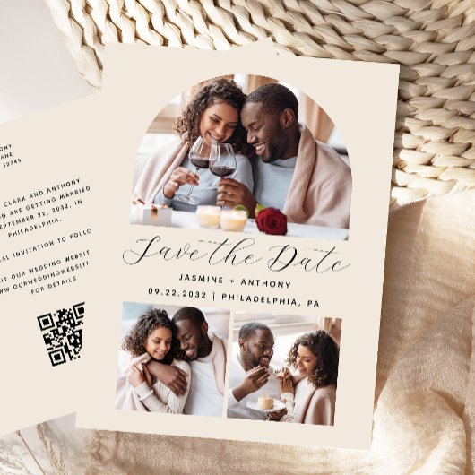 Minimal 3 Foto Arch QR-Code Beige Save the Date Postkarte