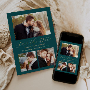 Minimal 3-Foto Collage Aquamarin Blue Gold Save The Date