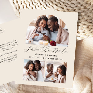 Minimal 3 Foto Collage Arch Beige Save the Date Postkarte