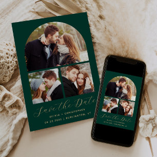 Minimal 3-Foto Collage Arch Emerald Green Gold Save The Date