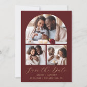 Minimal 3-Foto Collage Arch QR Code Burgundy Gold Save The Date (Vorderseite)