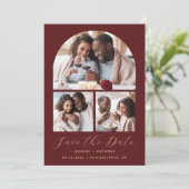 Minimal 3-Foto Collage Arch QR Code Burgundy Gold Save The Date (Stehend Vorderseite)