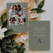 Minimal 3-Foto Collage Arch QR Code Sage Green Save The Date