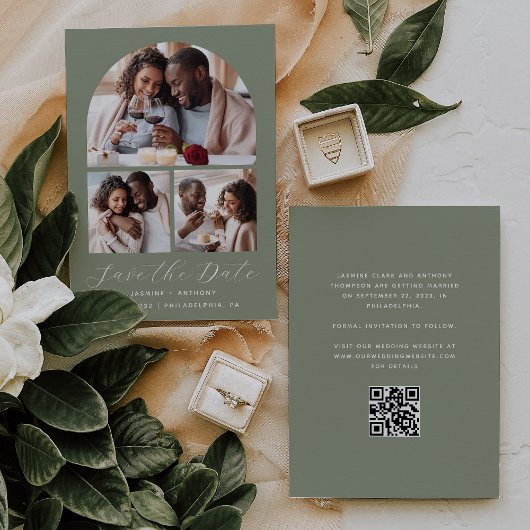 Minimal 3-Foto Collage Arch QR Code Sage Green Save The Date