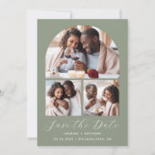 Minimal 3-Foto Collage Arch QR Code Sage Green Save The Date (Vorderseite)