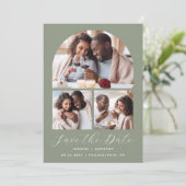 Minimal 3-Foto Collage Arch QR Code Sage Green Save The Date (Stehend Vorderseite)