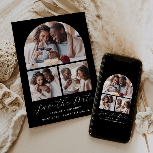 Minimal 3-Foto Collage Arch Schwarz und Weiß Save The Date