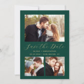 Minimal 3-Foto Collage Emerald Green Gold Save The Date (Vorderseite)