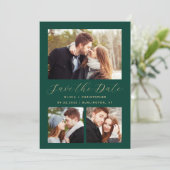 Minimal 3-Foto Collage Emerald Green Gold Save The Date (Stehend Vorderseite)
