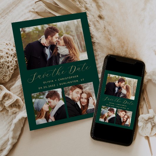 Minimal 3-Foto Collage Emerald Green Gold Save The Date