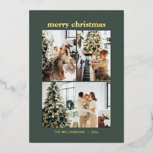 Minimal 3 Foto Collage Frohe Weihnachten Grün Gold Folien Feiertagskarte