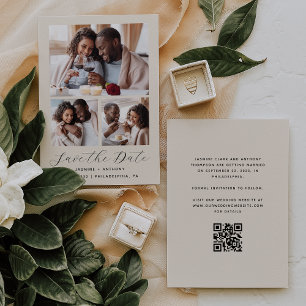 Minimal 3-Foto Collage QR Code Beige Save The Date