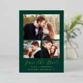 Minimal 3-Foto Emerald Green Gold Save the Date Folieneinladung (Stehend vorne)