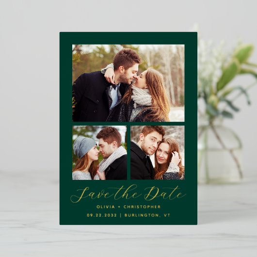 Minimal 3-Foto Emerald Green Gold Save the Date Folieneinladung (Stehend vorne)