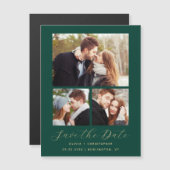 Minimal 3-Foto Emerald Green Gold Save the Date Magneteinladung (Vorne/Hinten)