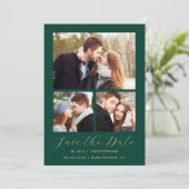 Minimal 4-Foto Emerald Green Gold Save The Date (Stehend Vorderseite)