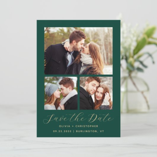 Minimal 4-Foto Emerald Green Gold Save The Date (Stehend Vorderseite)