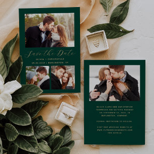 Minimal 4-Foto Emerald Green Gold Save The Date