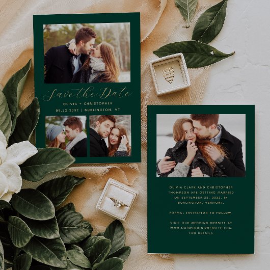 Minimal 4-Foto Emerald Green Gold Save The Date