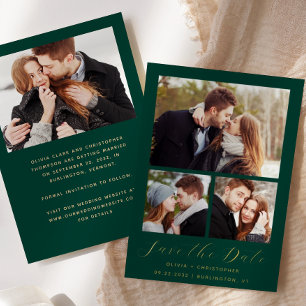 Minimal 4-Foto Emerald Green Gold Save the Date Folieneinladung