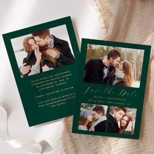 Minimal 4-Foto Emerald Green Gold Save the Date Folieneinladung