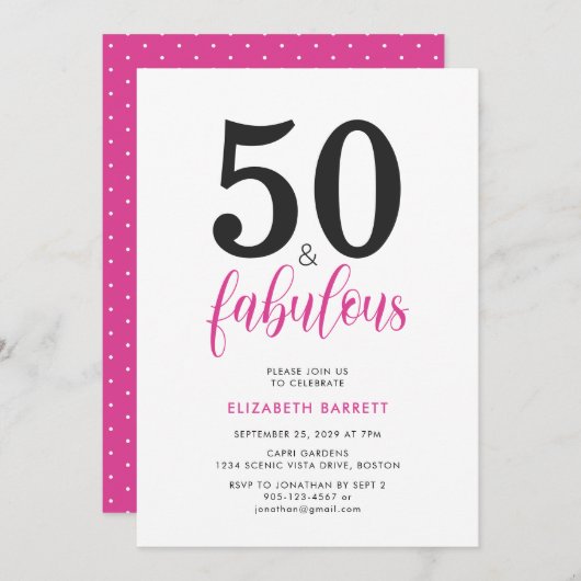 Minimal 50 and Fabulous Pink 50th Birthday Party Einladung (Vorne/Hinten)
