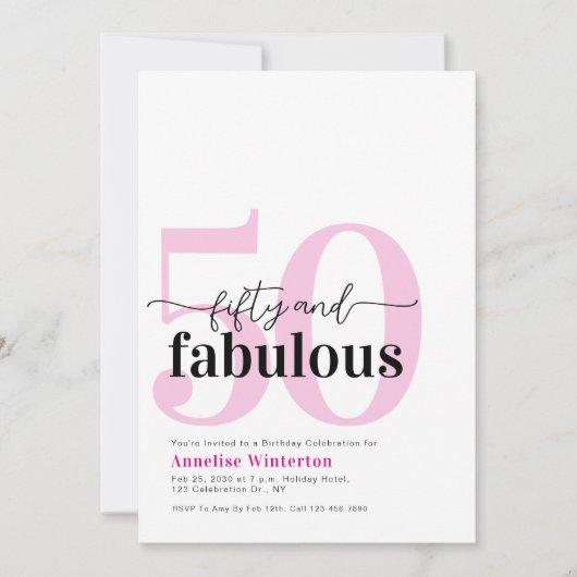 Minimal 50 and Fabulous Pink 50th Birthday Party Einladung (Vorderseite)