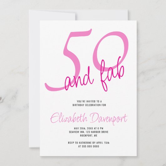 Minimal 50 und Fab Pink Geburtstag Einladung (Vorderseite)