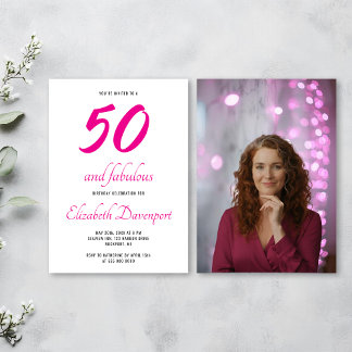 Minimal 50 und Fabulous Pink Foto Geburtstag Einladung