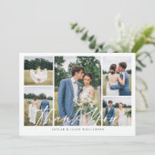 Minimal 5 Foto Collage White Brush Script Hochzeit Dankeskarte (Stehend Vorderseite)