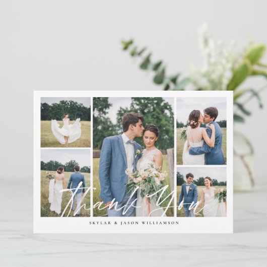 Minimal 5 Foto Collage White Brush Script Hochzeit Einladung (Stehend Vorderseite)